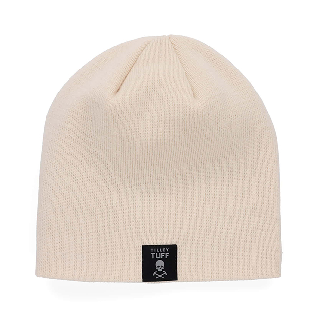 Tilley Tuff Knit Beanie for Men in Bone with Reflective Logo - One Size