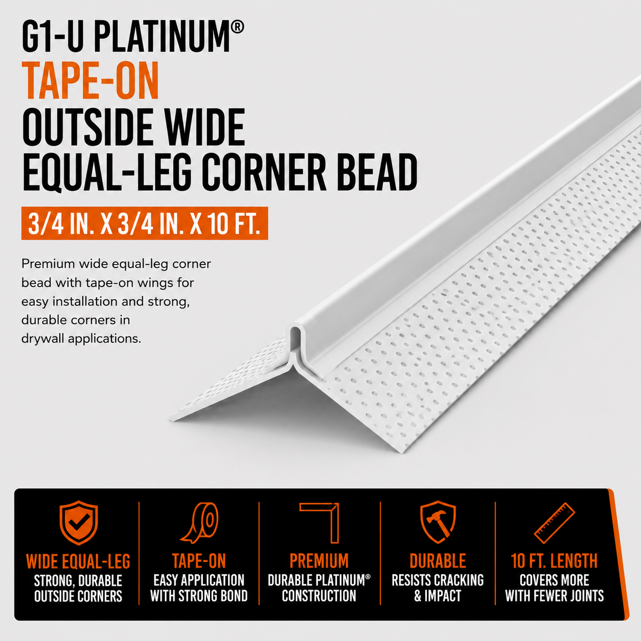 0.75 in x 0.75 in x 10 ft G1-U Platinum Tape-On Outside Wide Equal-Leg Corner Beadg