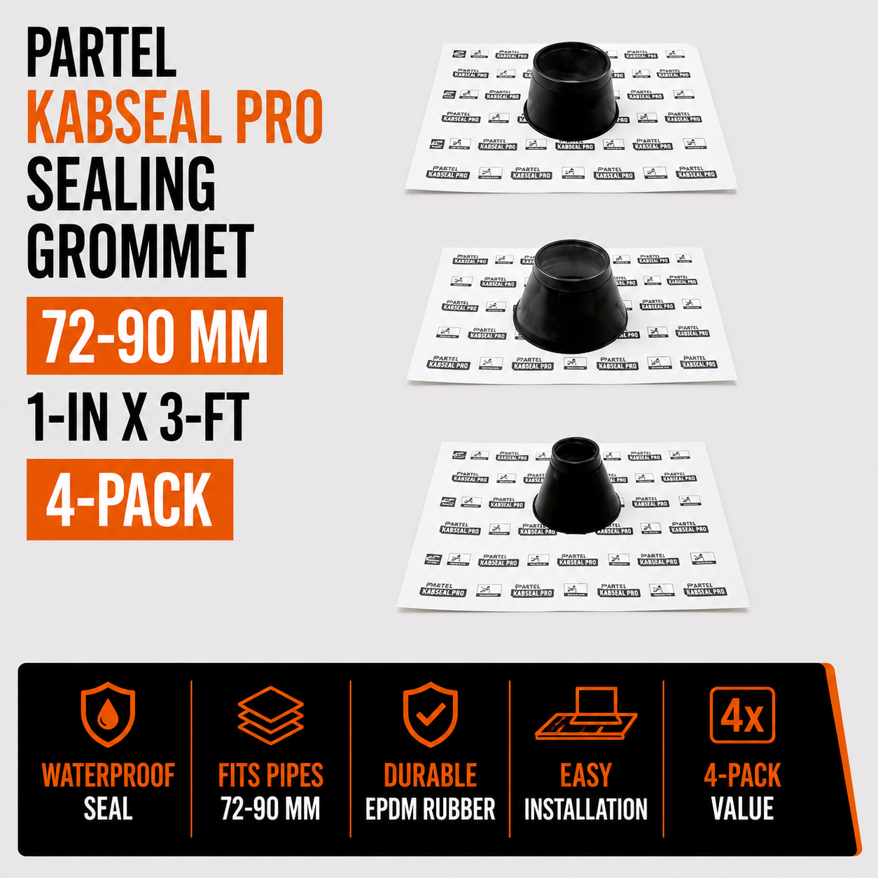 PARTEL Kabseal Pro 72-90 MM Sealing Grommet 1-in x 3-ft - 4-Pack