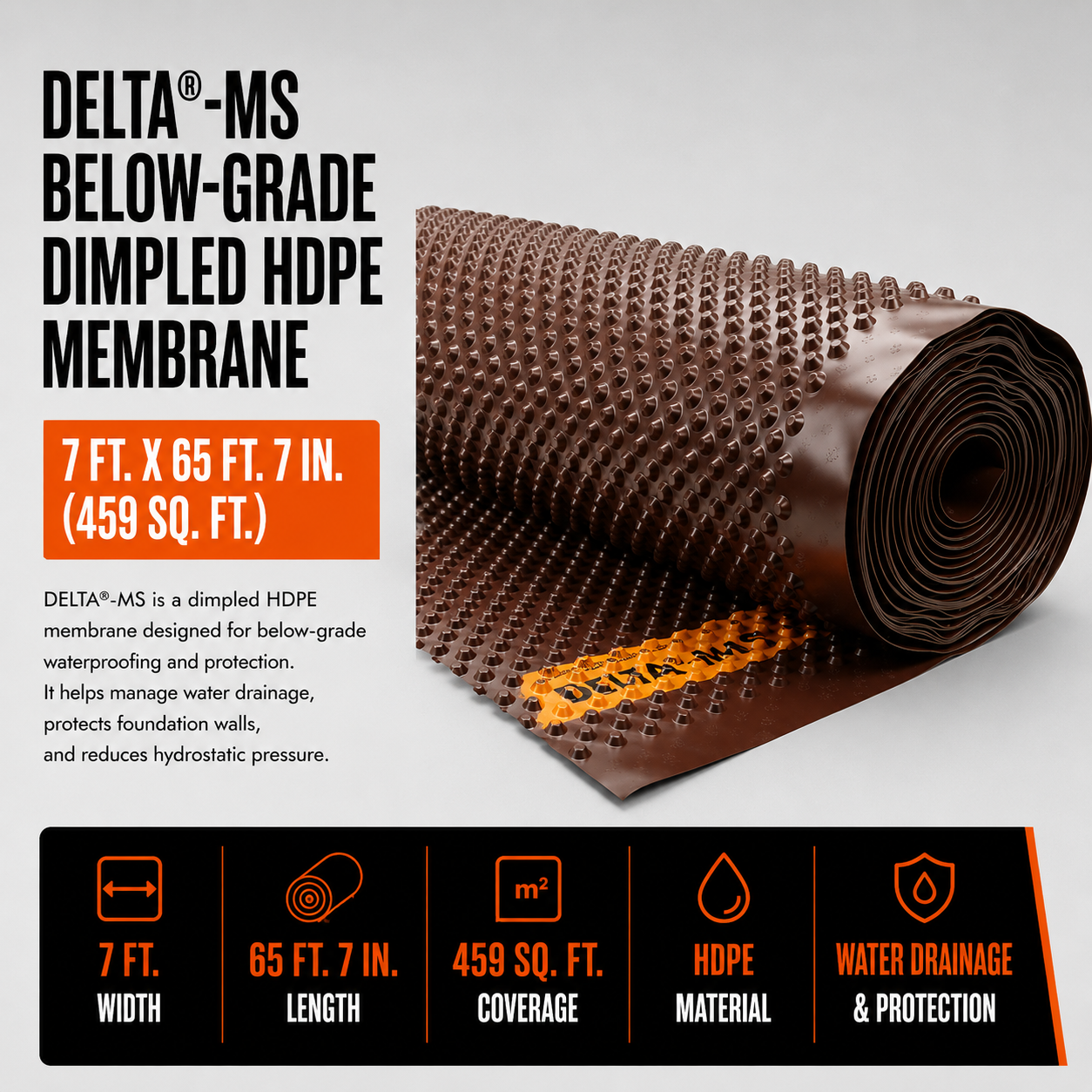 7 ft. x 65 ft. 7 in. Roll DELTA®-MS Below-Grade Dimpled HDPE Membrane (459 sq. ft.)