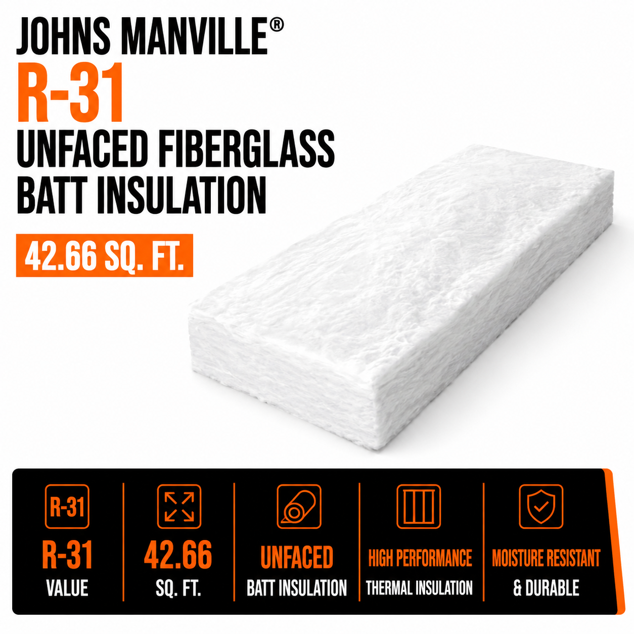 -Johns Manville R31 42.66-Sq. Ft Unfaced Fibreglass Batt Insulation