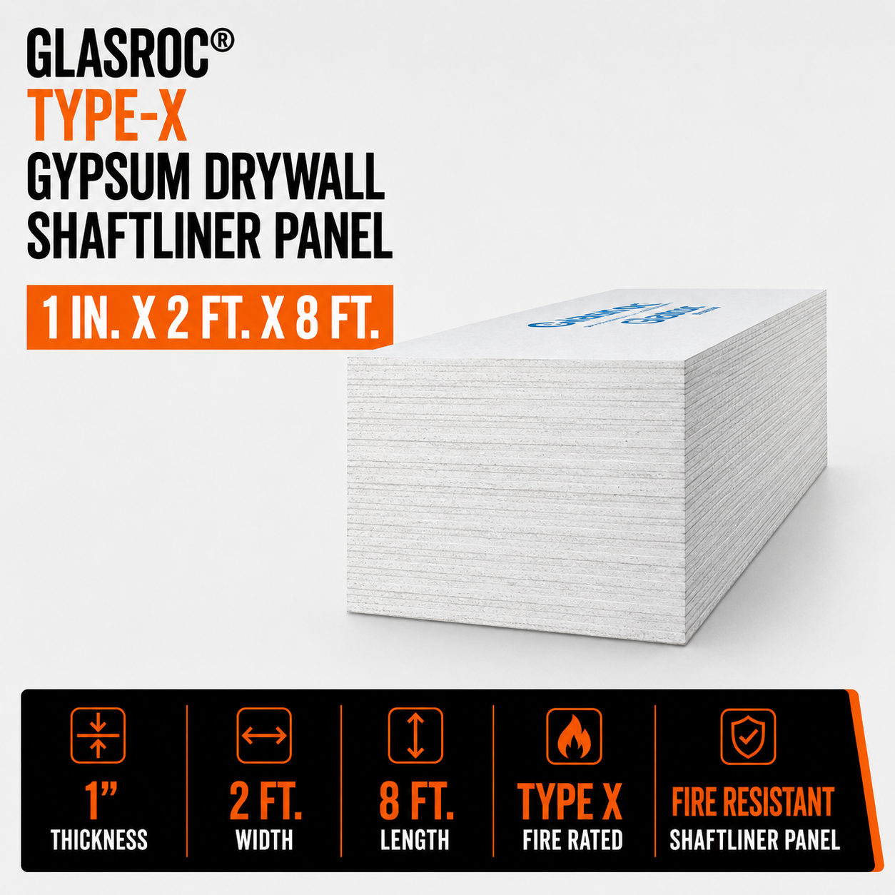 1 in x 2 ft x 8 ft GlasRoc Type-X Gypsum Drywall Shaftliner Panel