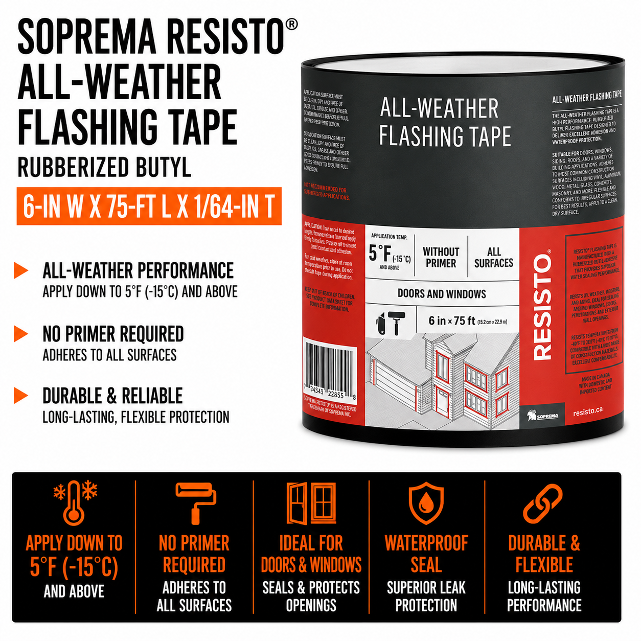 Soprema Resisto All-Weather Flashing Tape - Rubberized Butyl - White - 6-in W x 75-ft L x 1-64-in T