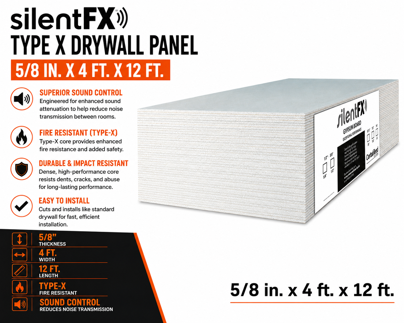 5:8 in. x 4 ft. x 12 ft. SilentFX® TYPE X Drywall Panel