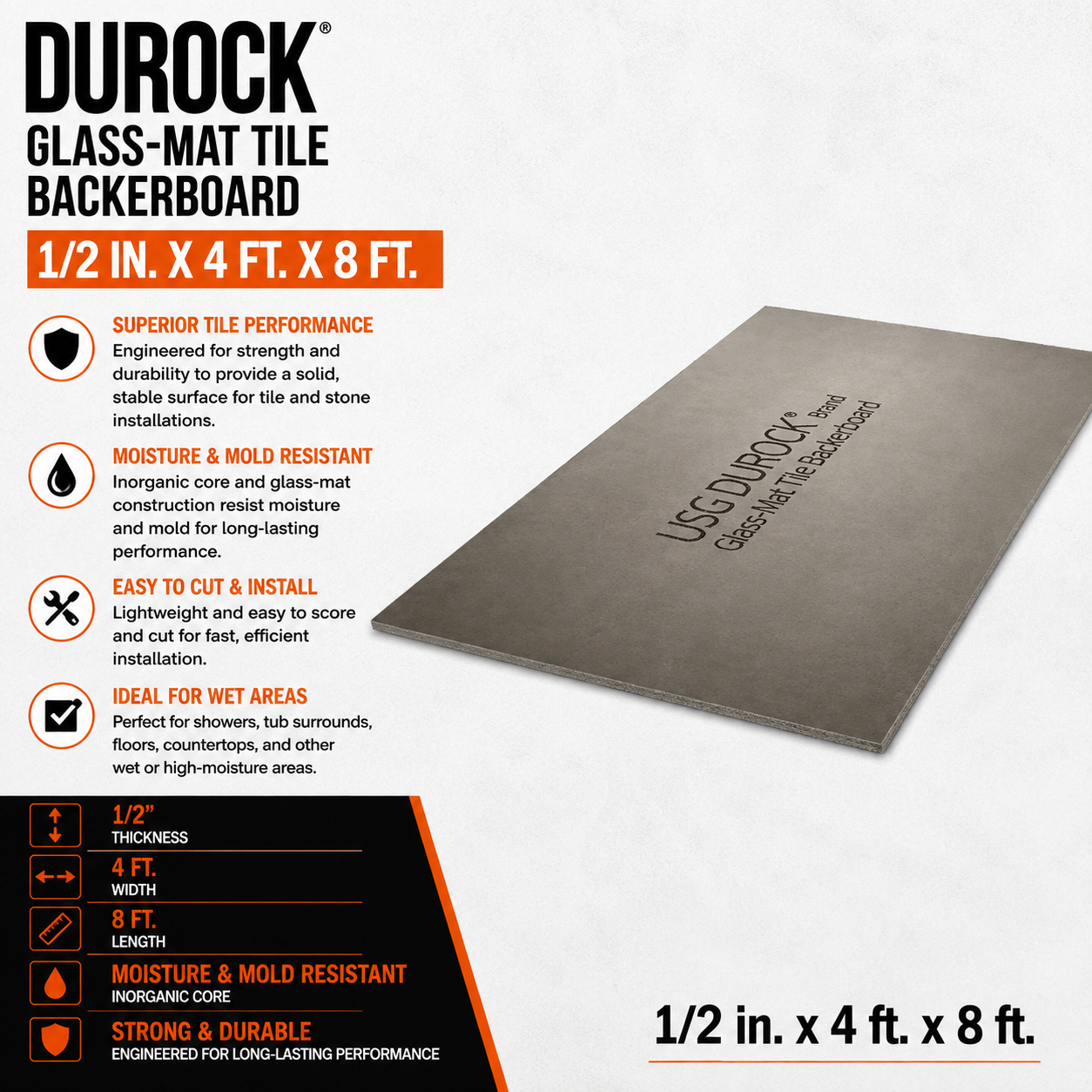 1:2 in. x 4 ft. x 8 ft. Durock Glass-Mat Tile Backerboard
