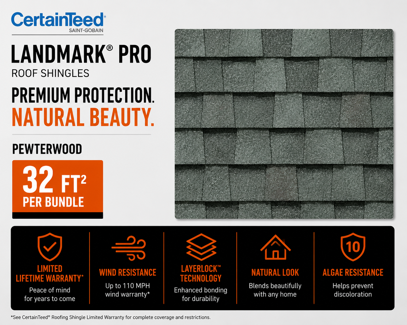 CertainTeed Landmark Pro Roof Shingles in Asphalt 32-ft² - Pewterwood