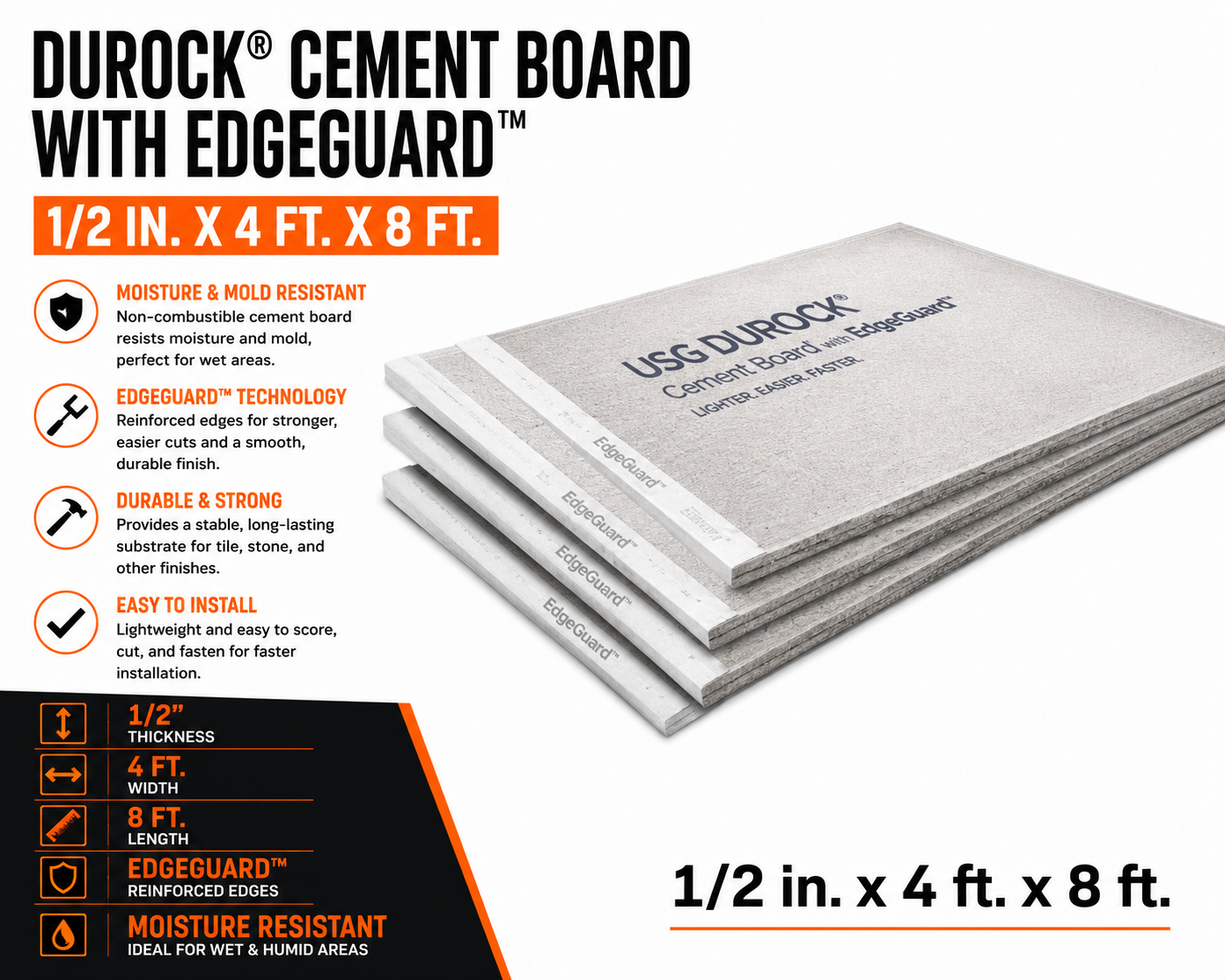 1:2 in. x 4 ft. x 8 ft. Durock® Cement Board with EdgeGuard