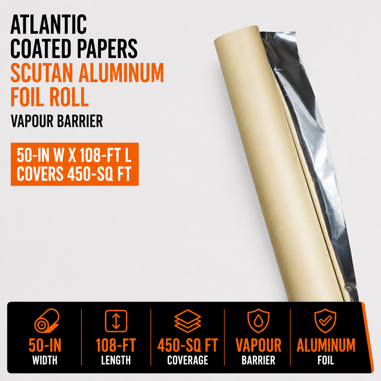 Atlantic Coated Papers Scutan Aluminum Foil Roll - 50-in W x 108-ft L - Covers 450-sq ft - Vapour Barrier