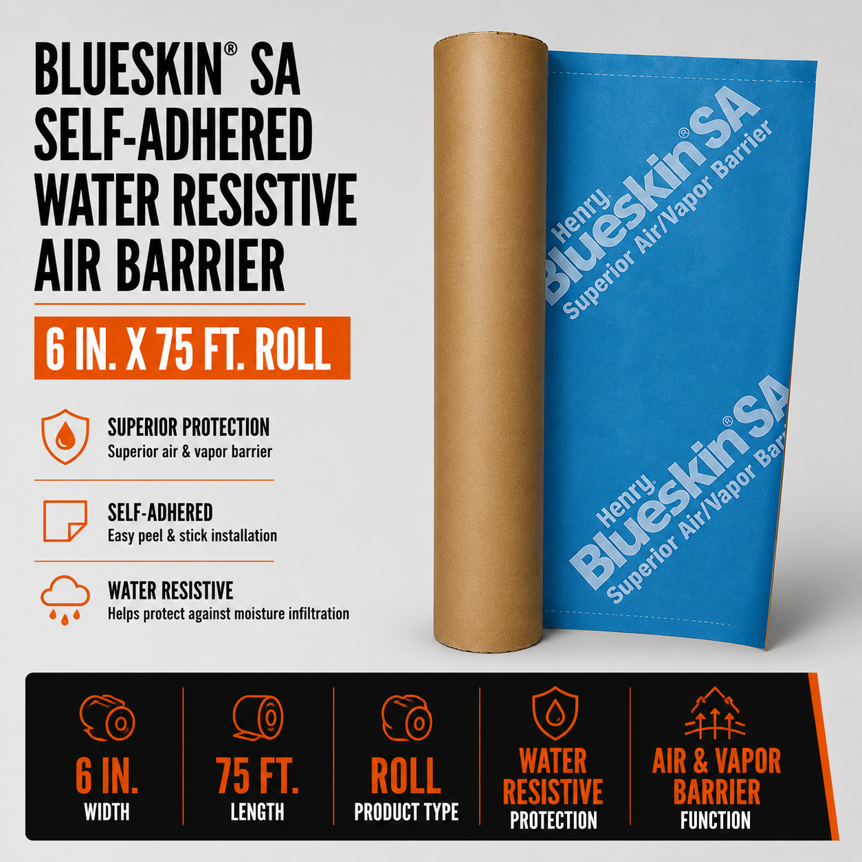 6 in. x 75 ft. Roll Blueskin® SA Self-Adhered Water Resistive Air Barrier