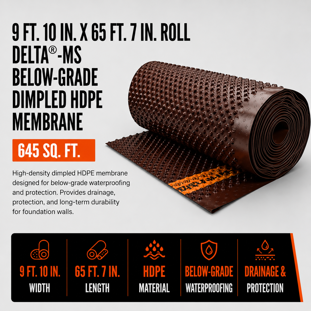 9 ft. 10 in. x 65 ft. 7 in. Roll DELTA®-MS Below-Grade Dimpled HDPE Membrane (645 sq. ft.)