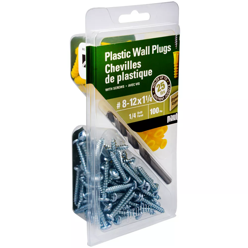 #8-12 x 1-1/4" Yellow Plastic Anchors with Screws - 100/Pack