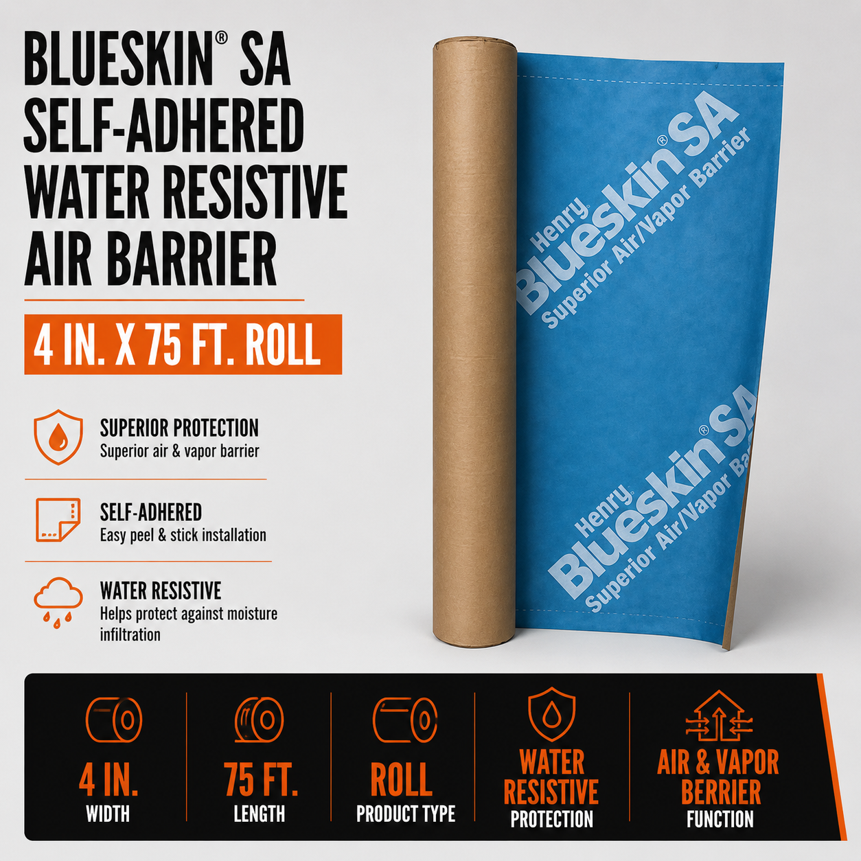 4 in. x 75 ft. Roll Blueskin® SA Self-Adhered Water Resistive Air Barrier