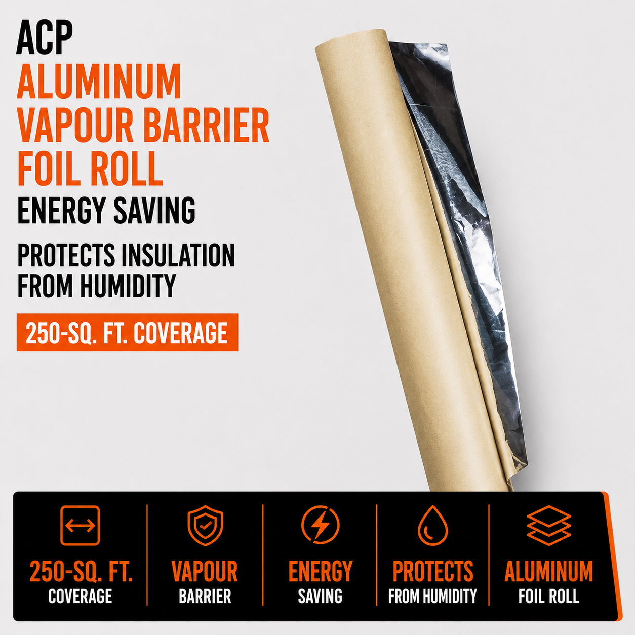 ACP Aluminum Vapour Barrier Foil Roll - Energy Saving - Protects Insulation from Humidity - 250-sq. ft. Coverage