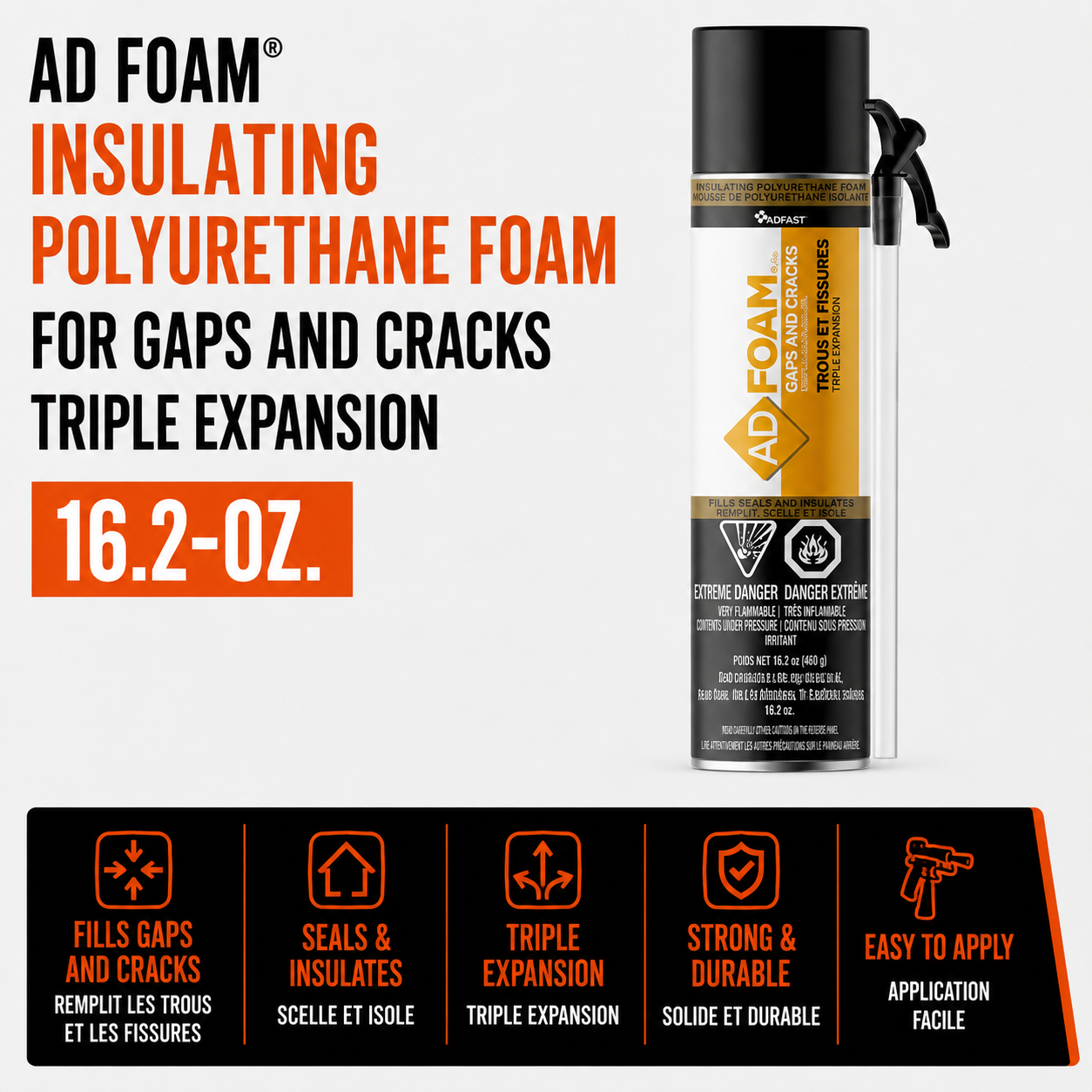 AD Foam Insulating Polyurethane Foam for Gaps and Cracks Triple Expansion - 16.2-oz