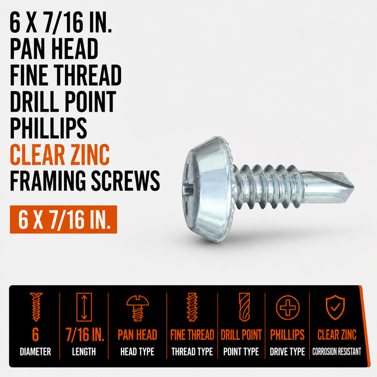 6 x 7-16 in. Pan Head Fine Thread Drill Point Phillips Clear Zinc Framing Screws