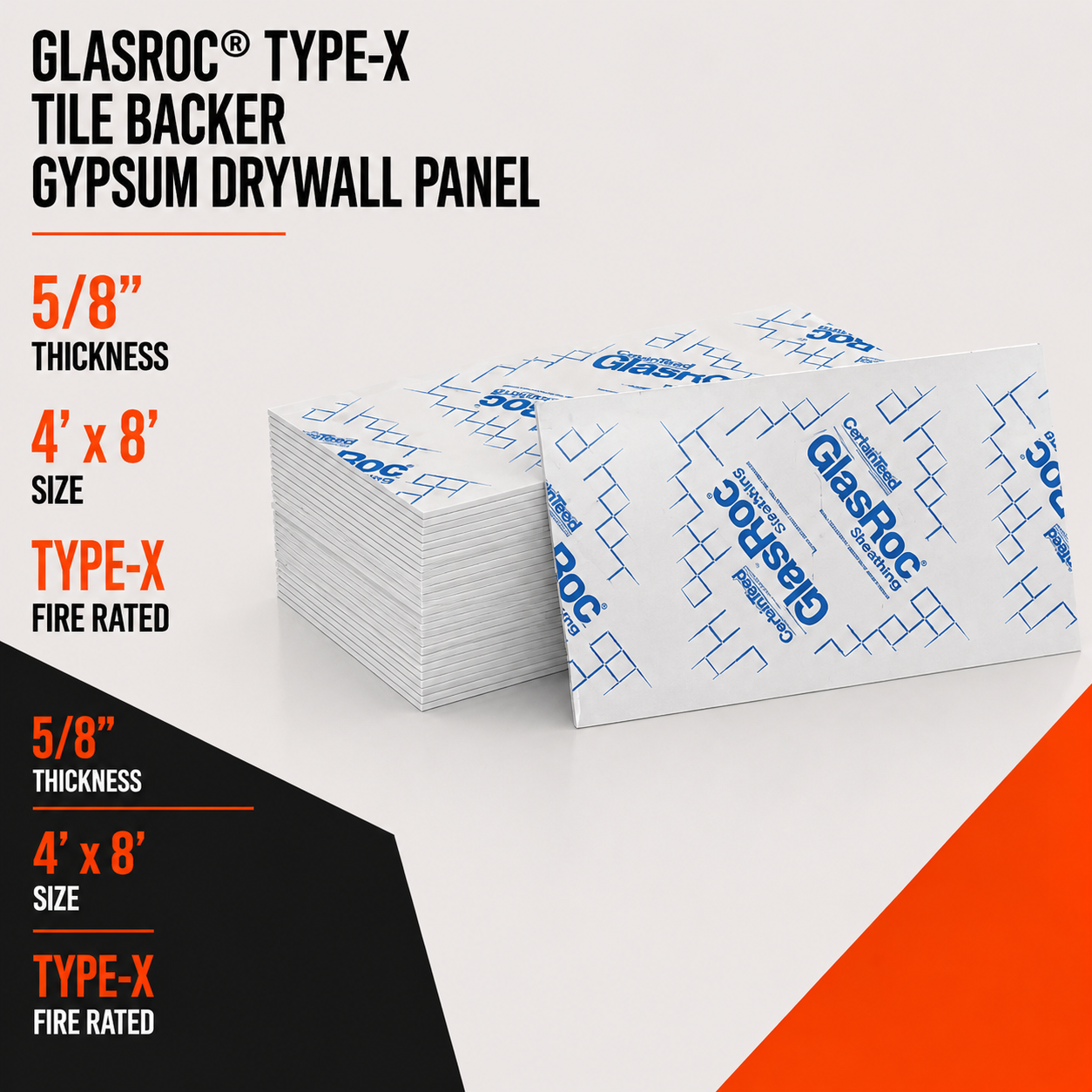 5:8 in. x 4 ft. x 8 ft. GlasRoc® Type-X Tile Backer Gypsum Drywall Panel
