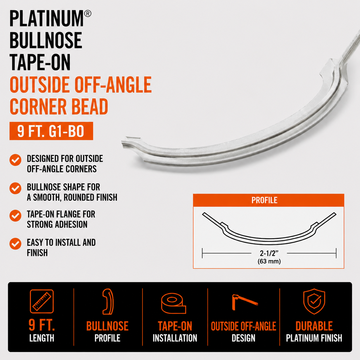9 ft. G1-BO Platinum Bullnose Tape-On Outside Off-Angle Corner Bead