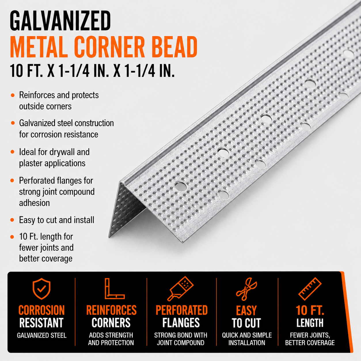 10 ft x 1.25 in x 1.25 in Galvanized Metal Corner Bead