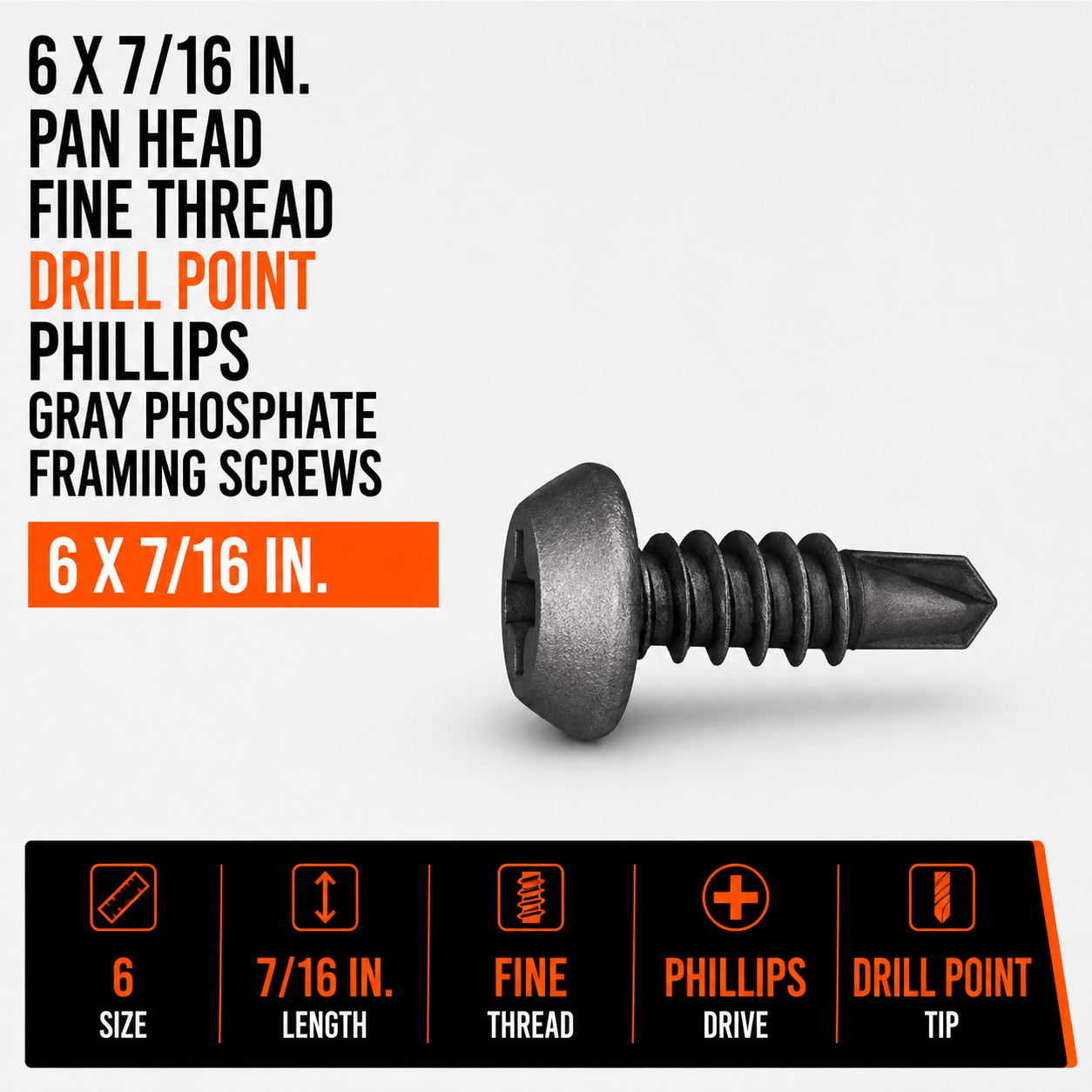 6 x 7-16 in. Pan Head Fine Thread Drill Point Phillips Gray Phosphate Framing Screws