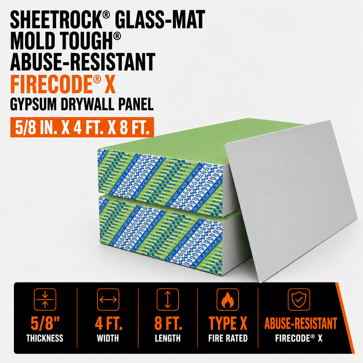 5/8 in. x 4 ft. x 8 ft. Sheetrock® Glass-Mat Mold Tough® Abuse-Resistant Firecode® X Gypsum Drywall Panel