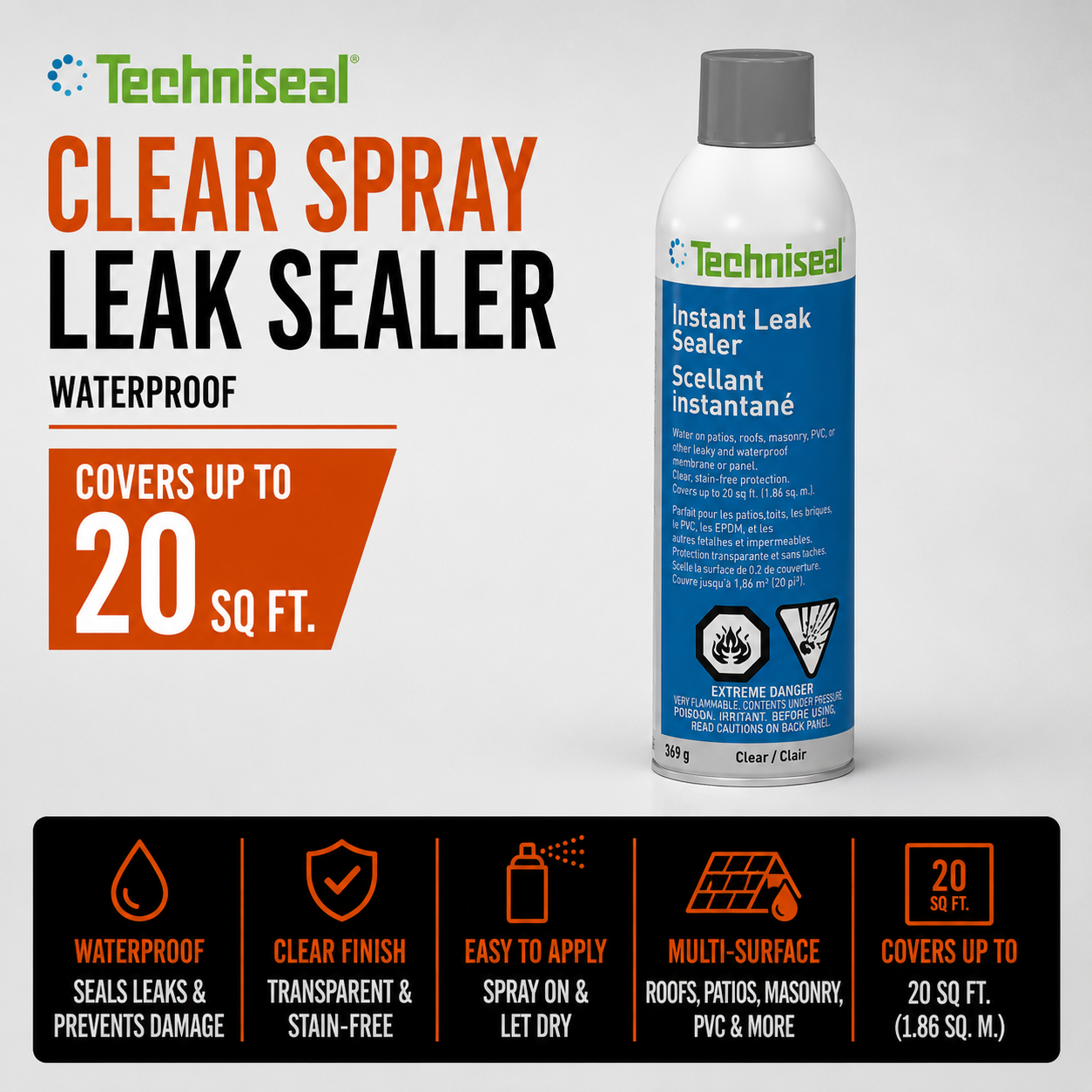 Techniseal Clear Spray Leak Sealer - Waterproof - Covers up to 20 sq ft. - 369 g