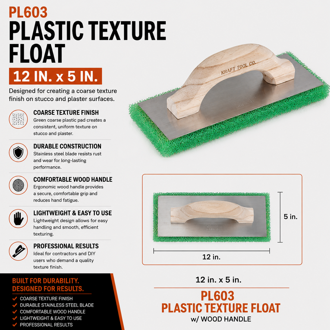12 in. x 5 in. PL603 Green Coarse Plastic Texture Float with Wood Handle