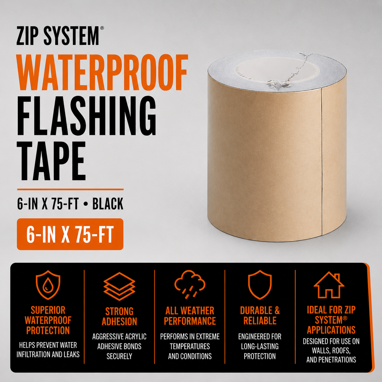 ZIP SYSTEM 6-in x 75-ft Black Waterproof Flashing Tape