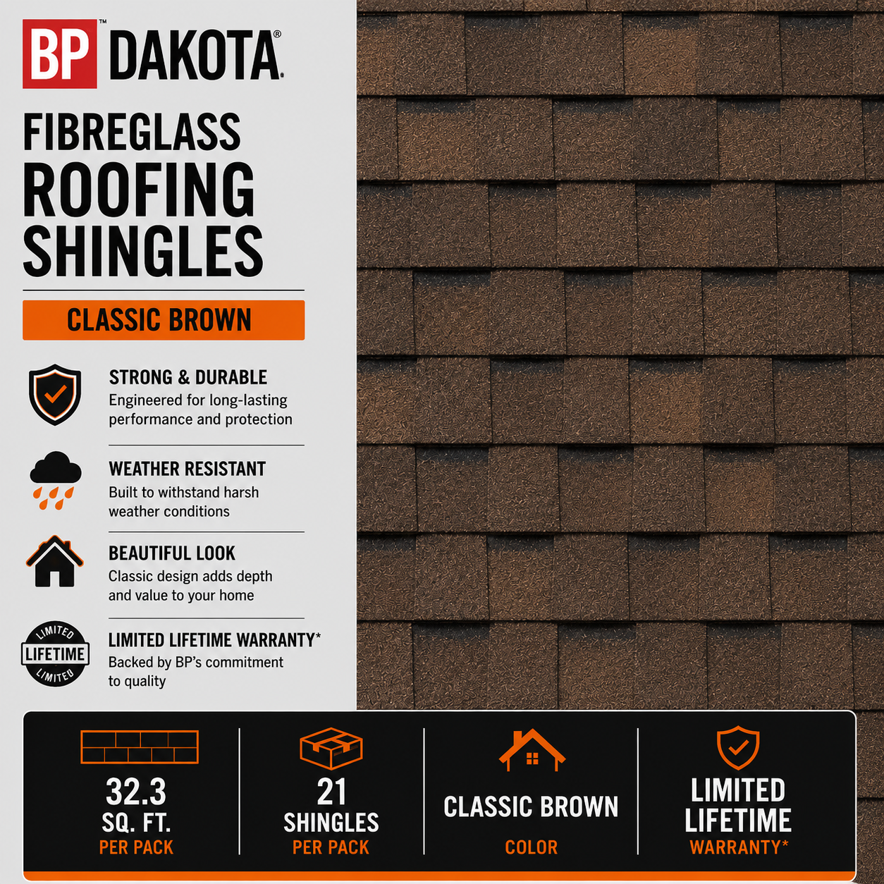 BP Dakota 32.3 sq. ft. 21-Pack Classic Brown Fibreglass Roofing Shingles
