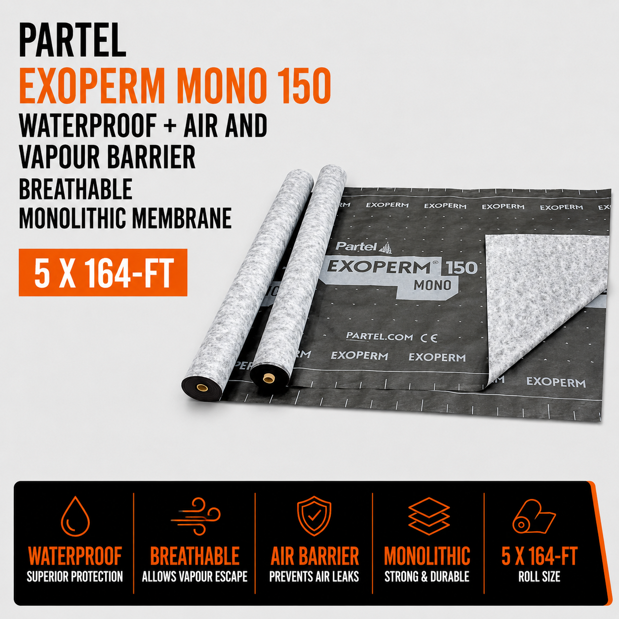 PARTEL EXOPERM MONO 150 Waterproof + Air and Vapour Barrier Breathable Monolithic Membrane 5 x 164-ft