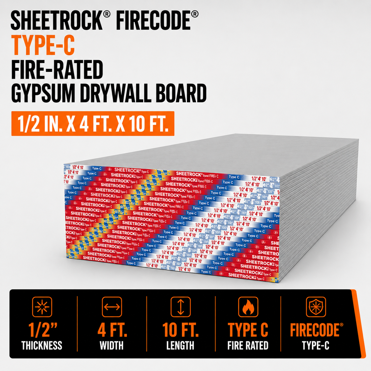 1-2 in x 4 ft x 10 ft Sheetrock Firecode Type-C Fire-Rated Gypsum Drywall Board