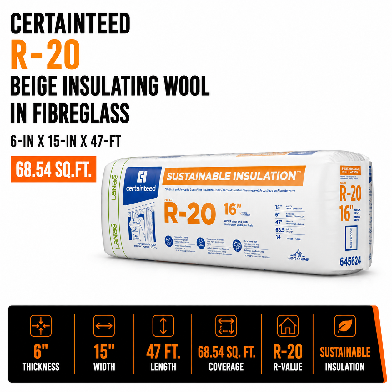CertainTeed R20 Beige Insulating Wool in Fibreglass - 6-in x 15-in x 47-ft 68.54 sq.ft.