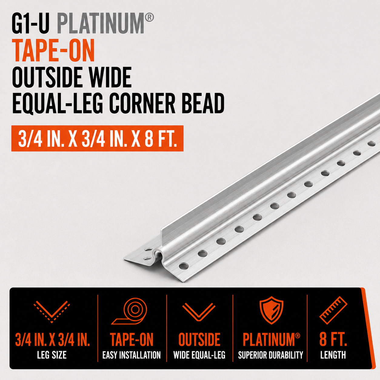 0.75 in x 0.75 in x 8 ft G1-U Platinum Tape-On Outside Wide Equal-Leg Corner Bead