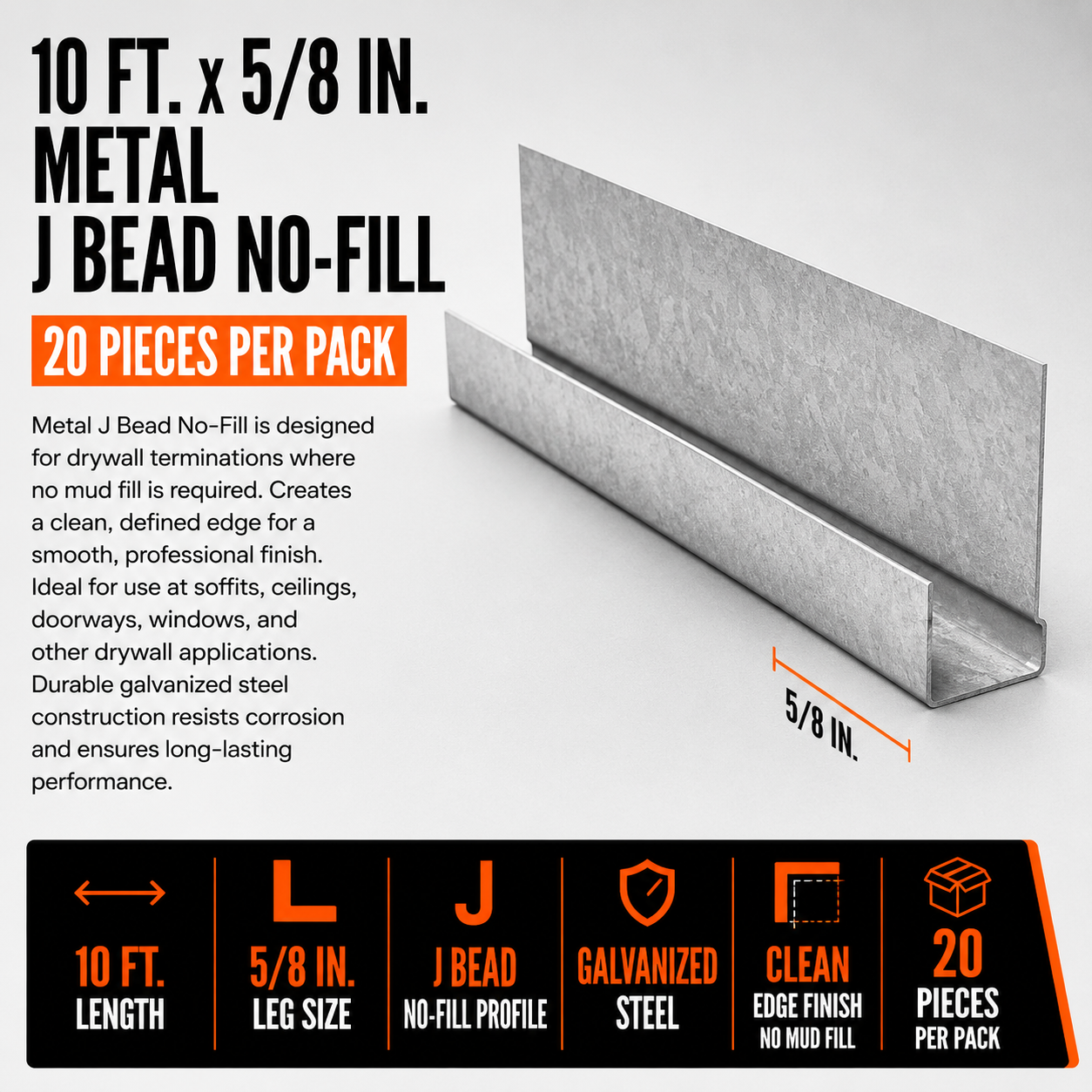 10 ft. x 5/8 in. Metal J Bead No-Fill (20 Pieces Per Pack)