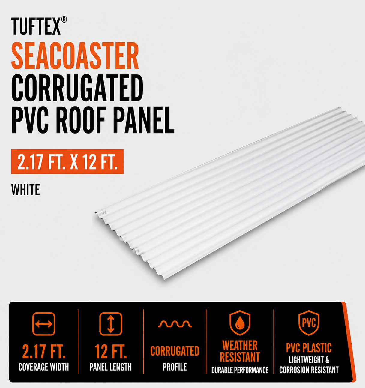 Tuftex SeaCoaster 2.17-ft x 12-ft Corrugated PVC Plastic Roof Panel