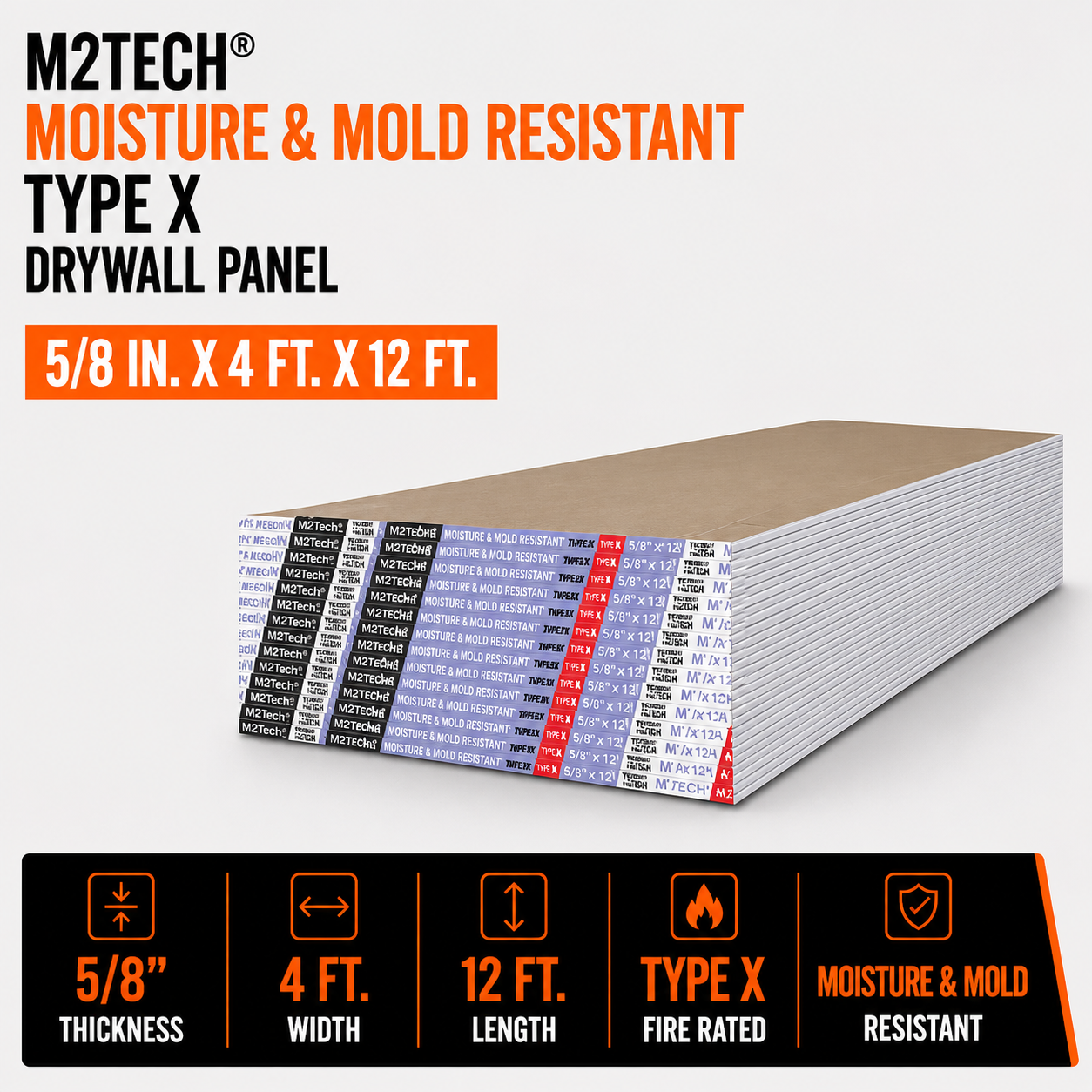 5-8 in x 4 ft x 12 ft M2Tech Moisture & Mold Resistant Type X Drywall Panel