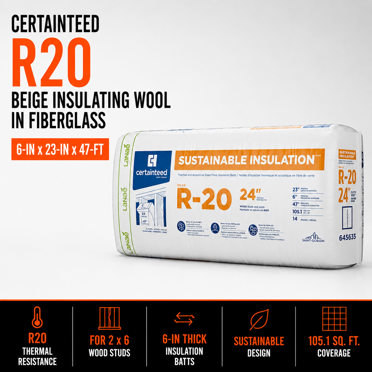 CertainTeed R20 Beige Insulating Wool in Fibreglass - 6-in x 23-in x 47-ft 105.1 sq.ft.