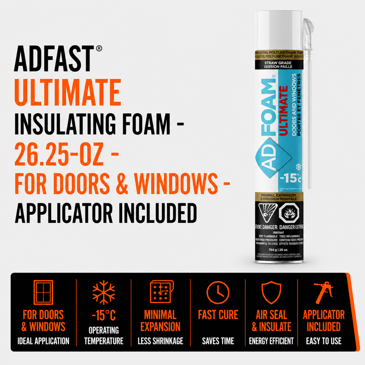Adfast Ultimate Insulating Foam - 26.25-oz - For Doors and Windows - Applicator Included