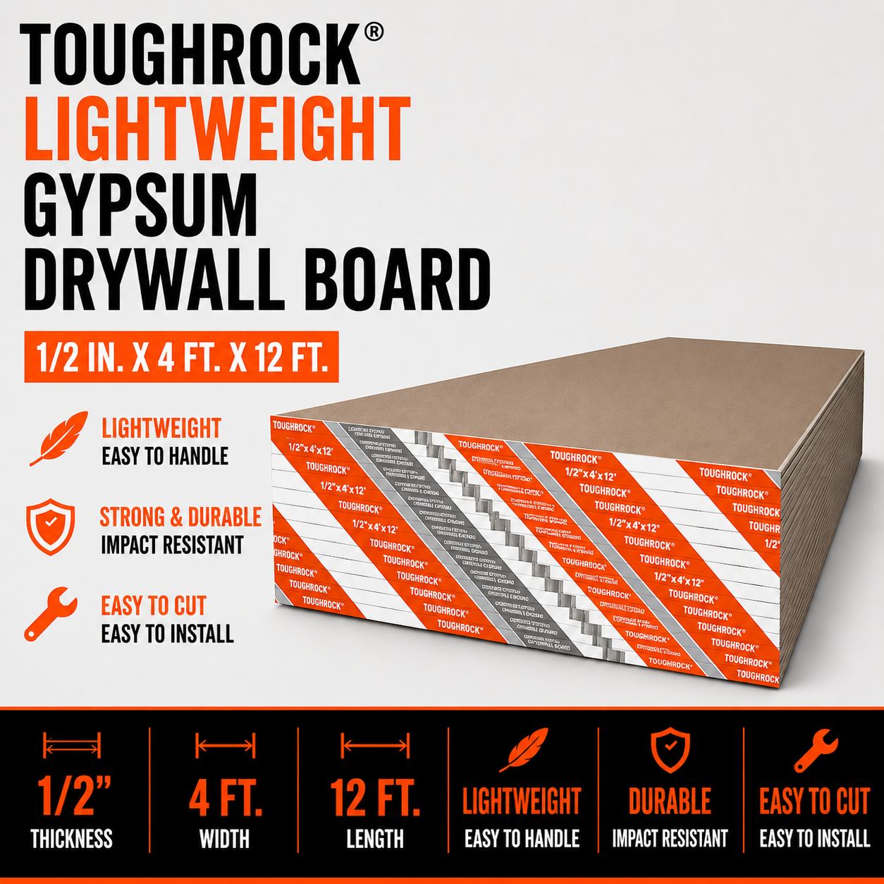`1-2 in x 4 ft x 12 ft ToughRock Lightweight Gypsum Drywall Board`