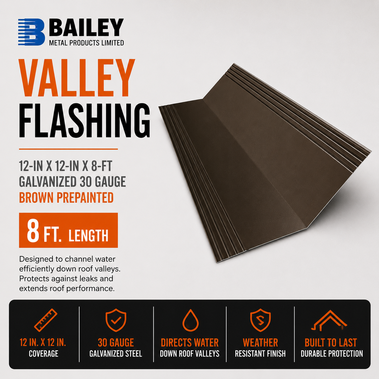 Bailey Metal Products Limited 12-in x 12-in x 8-ft Galvanized 30 Ga Valley Flashing - Brown Prepainted