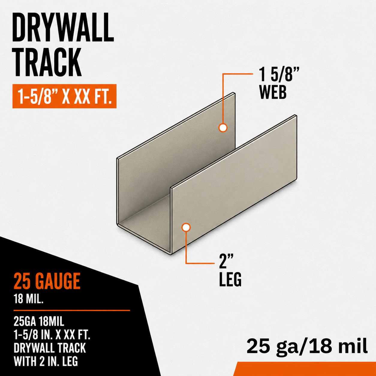 25ga 18mil 1-5:8 in. Drywall Track with 2 in. Leg