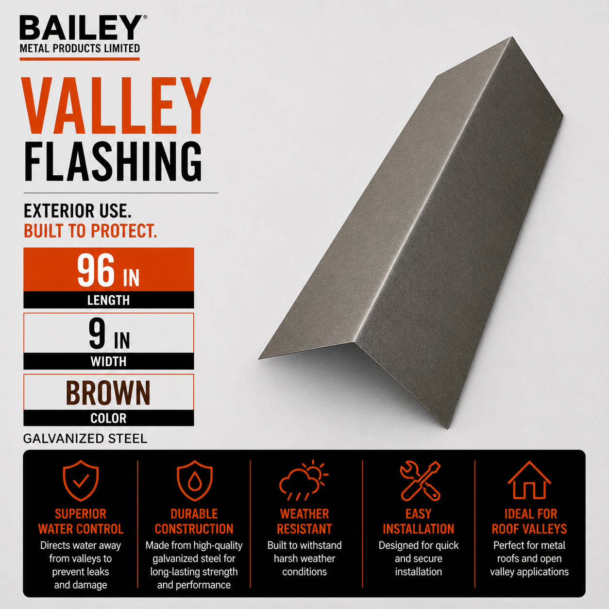 Bailey Valley Flashing - Exterior Use - Galvanized Steel - Brown - 96-in L x 9-in W