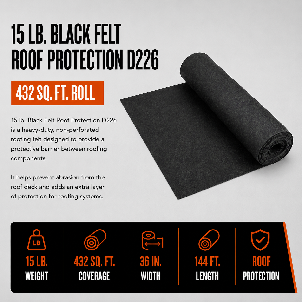 15 lb. Black Felt Roof Protection D226 (432 sq. ft. Roll)