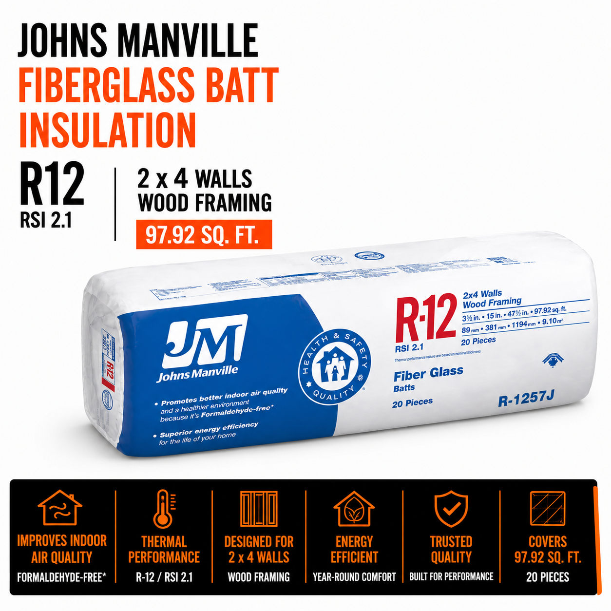 Johns Manville Fibreglass Batt Insulation R12 97.92-Sq. Ft. 2 x 4 Walls and Wood Framing