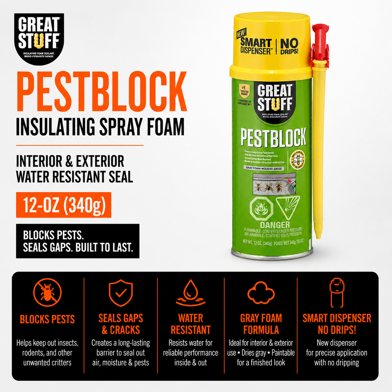 Great Stuff Pestblock 12-oz Grey Insulating Spray Foam - Interior and Exterior - Water Resistant Seal