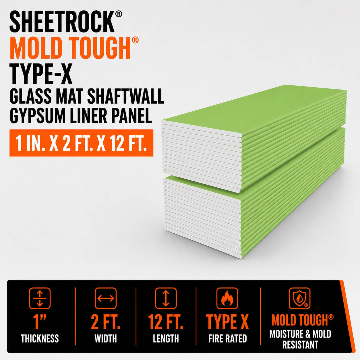 1 in x 2 ft x 12 ft Sheetrock Mold Tough Type-X Glass Mat Shaftwall Gypsum Liner Panel