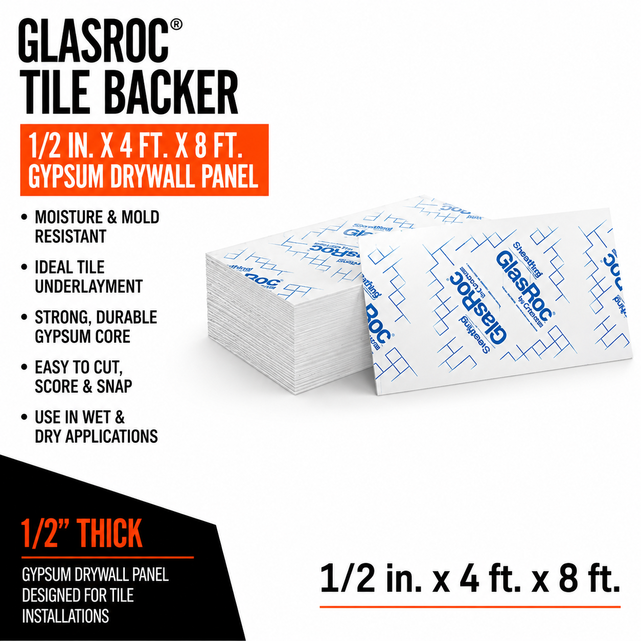 1:2 in. x 4 ft. x 8 ft. GlasRoc® Tile Backer Gypsum Drywall Panel