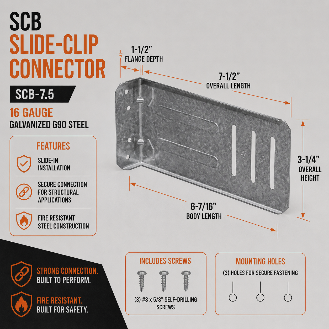 16ga. 7-1/2 in. SCB Slide-Clip Connector w/ Screws