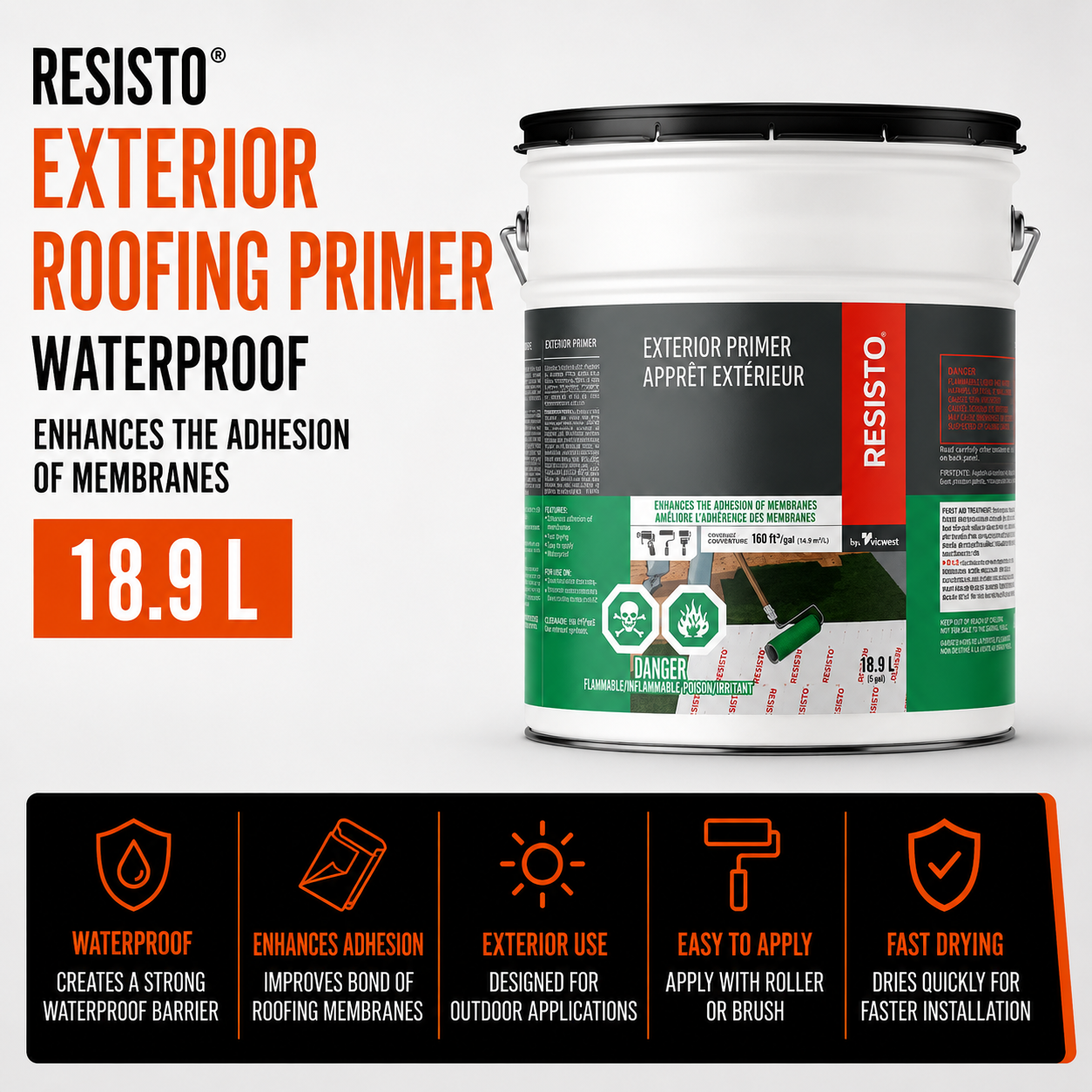 Resisto Exterior Roofing Primer - Waterproof - Enhances the Adhesion of Membranes - 18.9 L