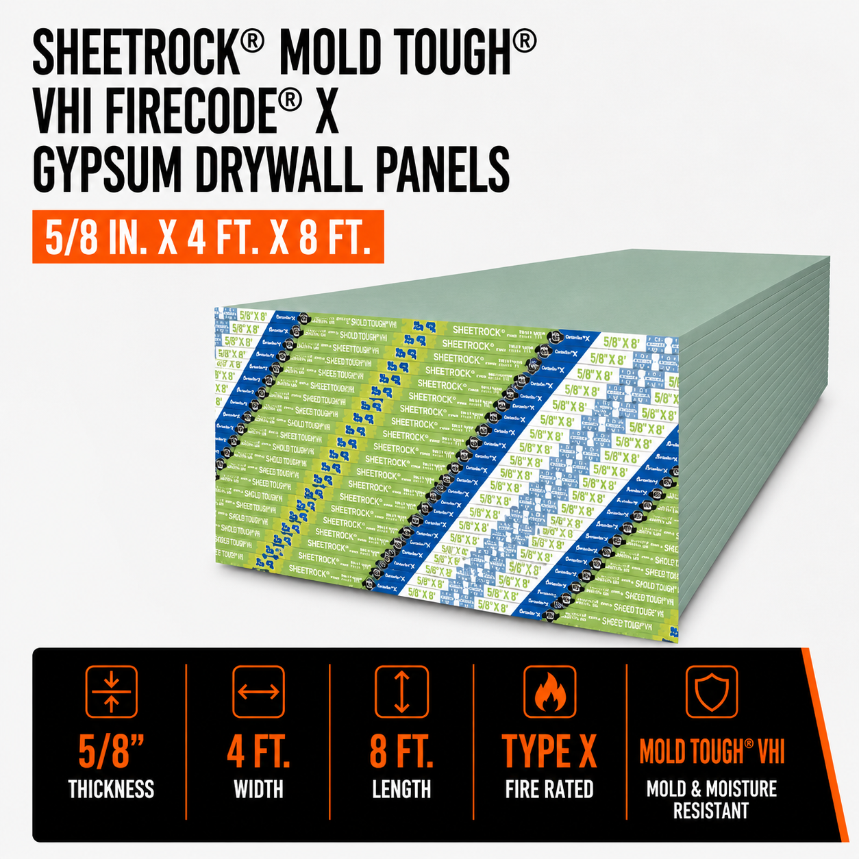 5/8 in. x 4 ft. x 8 ft. Sheetrock® Mold Tough® VHI Firecode® X Gypsum Drywall Panels
