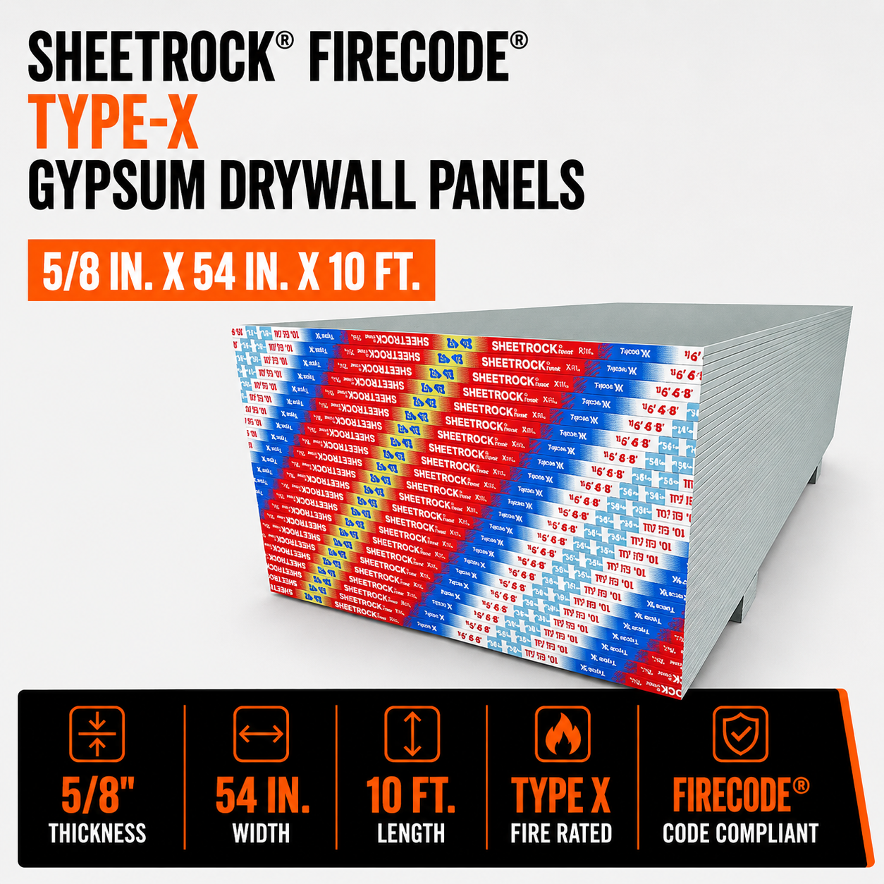 5-8 in x 54 in x 10 ft Sheetrock Firecode Type-X Gypsum Drywall Panels